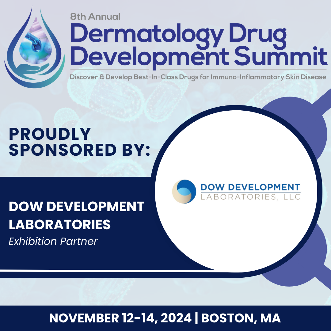 Promotional image for the 8th Annual Dermatology Drug Development Summit in Boston, MA, November 12-14, 2024. Sponsored by Dow Development Laboratories.